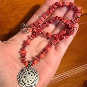 CHAPS Red Beaded Necklace with Silver Pendant